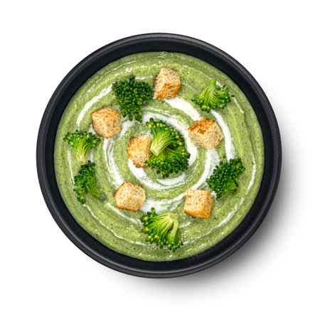 Broccoli cream soup with croutons isolated on white background, top view, package design elementの写真素材