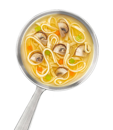 Ladle with instant noodle soup with mushrooms isolated on white background, top view, package design elementの写真素材
