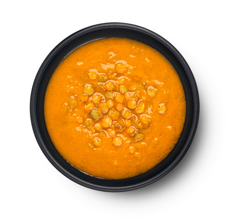 Lentil cream soup isolated on white background, top view, package design elementの写真素材