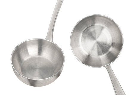Empty metal ladle isolated on white background with clipping path, full depth of fieldの写真素材