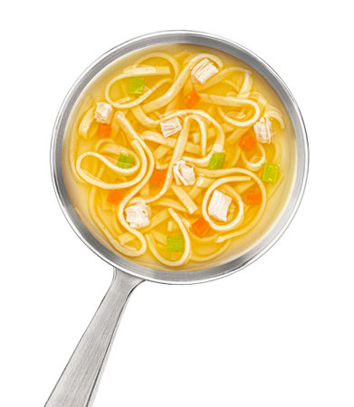 Instant chicken noodle soup in ladle isolated on white background, top view, package design elementの写真素材