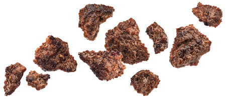 Fried ground beef, grilled mince beef meat isolated on white background, full depth of fieldの写真素材