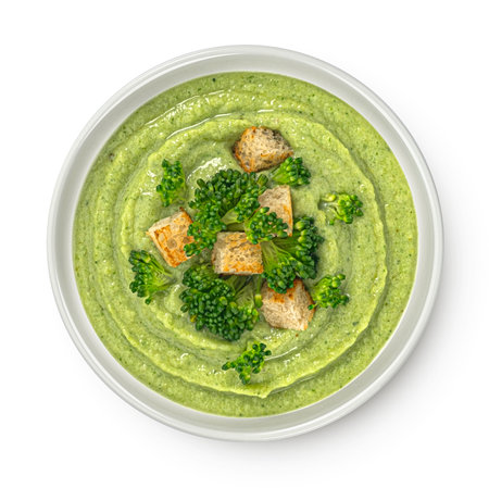 Broccoli cream soup with croutons isolated on white background, top view, package design elementの写真素材