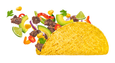 Mexican taco ingredients, corn tortilla wrap with falling beef meat and vegetables isolated on white background, full depth of fieldの写真素材
