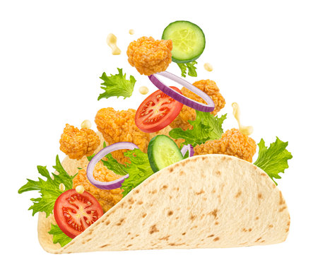 Shawarma or Doner chicken roll with fresh tomato, lettuce salad and sauce splash, tortilla wrap, falling kebab sandwich ingredients isolated on white background.の写真素材