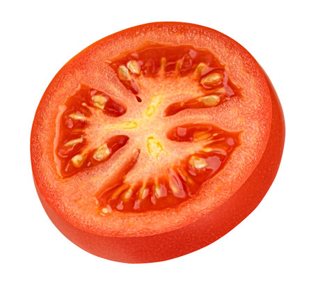 One tomato slice isolated on white backgroundの写真素材