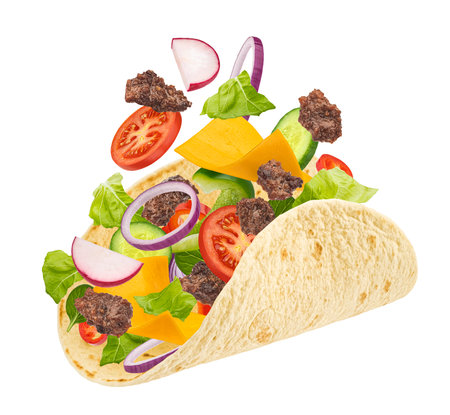 Doner kebab, falling beef shawarma ingredients isolated on white background, full depth of fieldの写真素材