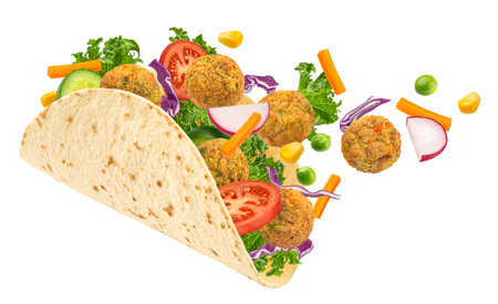 Vegetarian tortilla wrap, shawarma sandwich with falafel isolated on white backgroundの写真素材