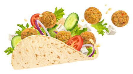 Vegetarian tortilla wrap, shawarma sandwich with falafel isolated on white backgroundの写真素材