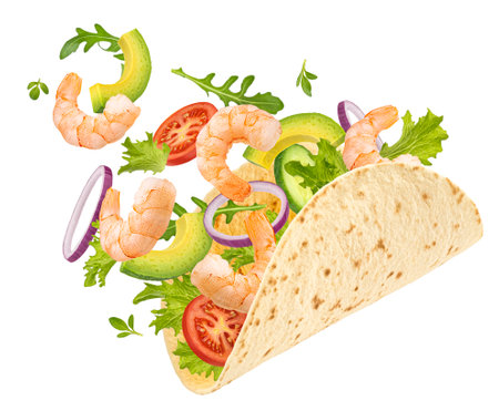 Shrimp wrap, seafood tacos isolated on white backgroundの写真素材