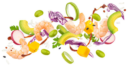 Falling shrimp poke, traditional Hawaiian raw fish salad with teriyaki sauce isolated on white backgroundの写真素材