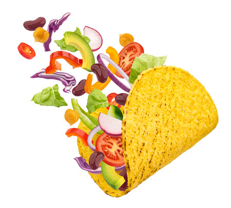 Vegetarian taco, corn tortilla wrap with falling vegetables ingredients isolated on white background, full depth of fieldの写真素材