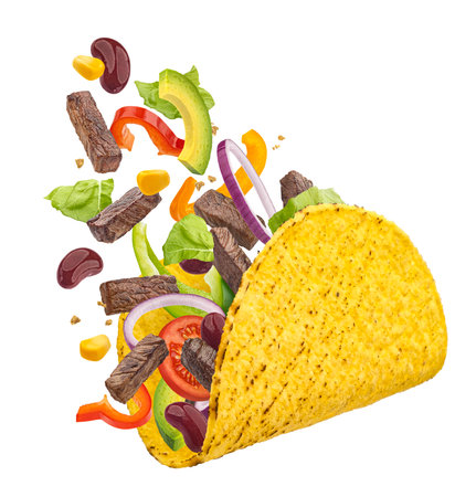 Mexican taco ingredients, corn tortilla wrap with falling beef meat and vegetables isolated on white background, full depth of fieldの写真素材