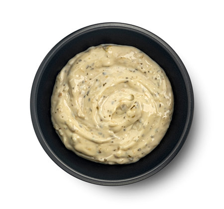 Garlic dip sauce isolated on white background, top viewの写真素材