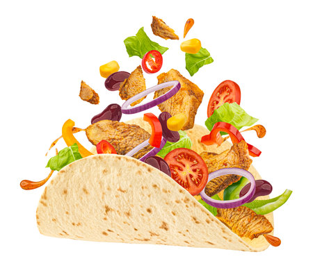 Doner kebab, falling chicken shawarma ingredients isolated on white background, full depth of fieldの写真素材