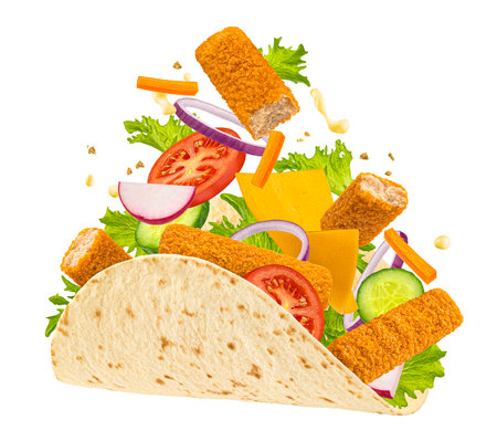 Doner kebab with fish fingers, falling shawarma ingredients isolated on white background, full depth of fieldの写真素材