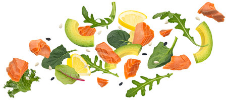 Vegetarian salad with falling smoked salmon pieces isolated on white background with clipping pathの写真素材