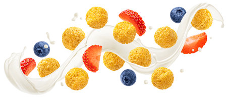 Flying corn balls with milk splash, blueberry and strawberry slices isolated on white background with clipping pathの写真素材