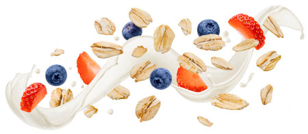 Falling oat flakes with blueberry and strawberry slices, oatmeal with milk splash isolated on white background with clipping path, package design conceptの写真素材