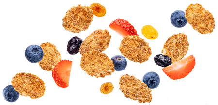 Flying wholegrain cereal flakes with blueberry and strawberry slices isolated on white background with clipping pathの写真素材