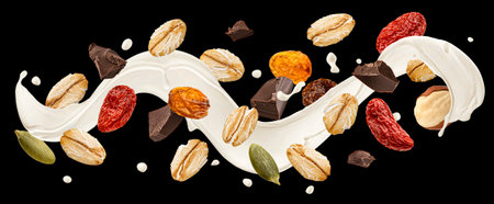 Muesli with milk splash isolated on black background, package design elementの写真素材