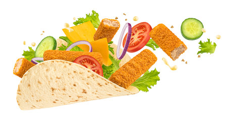 Doner kebab with fish fingers, falling shawarma ingredients isolated on white background, full depth of fieldの写真素材