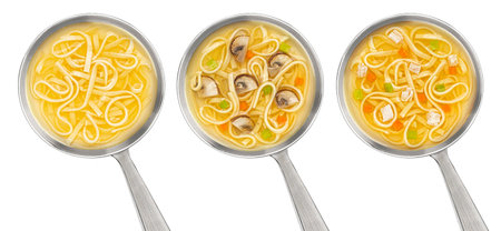 Instant noodle soup in ladle isolated on white background, top view, package design elementの写真素材