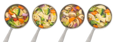 Ladle with soup isolated, mushroom, chicken and vegetable broth on white background, full depth of field, top viewの写真素材