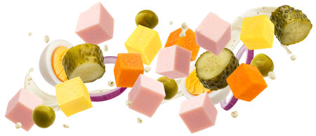 Falling Russian salad ingredients isolated on white background with clipping path, traditional Olivier salad for New Year, package design elementの写真素材