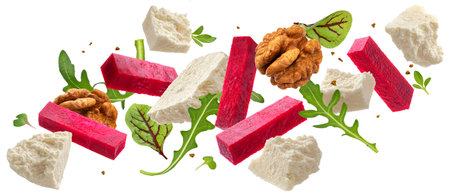 Beetroot salad with goat cheese and arugula leaves isolated on white background with clipping path, package design elementの写真素材