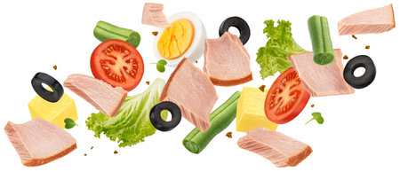 Falling Nicoise salad ingredients isolated on white background with clipping path, package design elementの写真素材