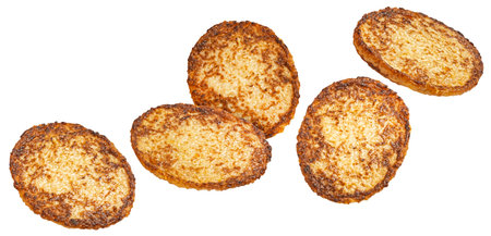 Flying potato pancakes isolated on white background with clipping path, collectionの写真素材