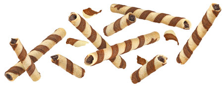 Waffle rolls, striped chocolate and vanilla wafer sticks isolated on white background, full depth of field, package design elementの写真素材