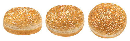 Burger buns with sesame seeds isolated on white background with clipping path, full depth of fieldの写真素材
