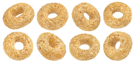 Cereal rings isolated on white background with clipping path, crispy corn breakfast snackの写真素材