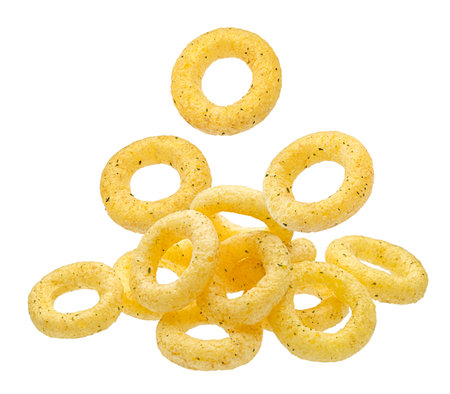 Crispy onion rings isolated on white background with clipping path, package design elementの写真素材