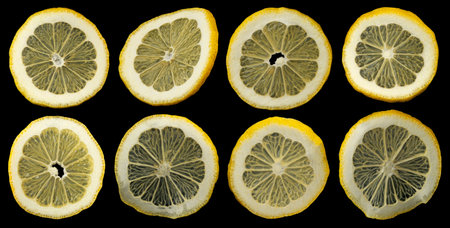 Falling lemon slices on black background, collection of citrus cutsの写真素材