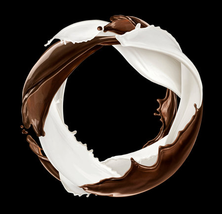 Round splash of chocolate and milk forming circle frame on black backgroundの写真素材