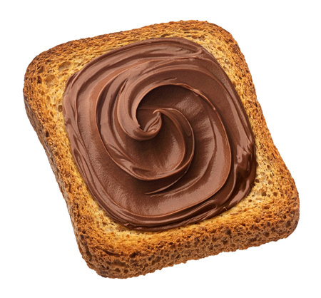 Crispy bread rusk with hazelnut cream isolated on white background with clipping path, top viewの写真素材