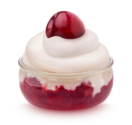 Layered dessert, glass jar of yogurt with cherry jam isolated on white backgroundの写真素材