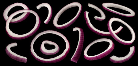 Red onion rings isolated on black background, full depth of fieldの写真素材