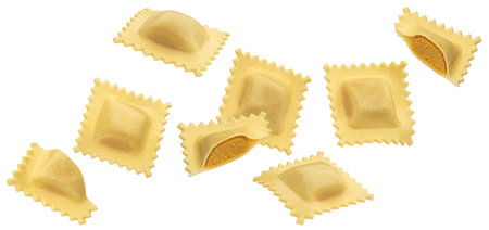 Ravioli pasta with pumpkin filling isolated on white background, collectionの写真素材