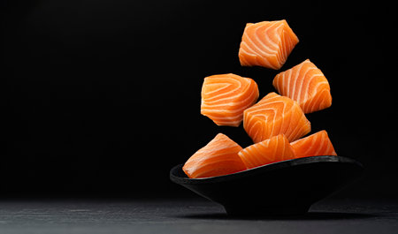Falling salmon cubes on black background with copy space, seafood conceptの写真素材