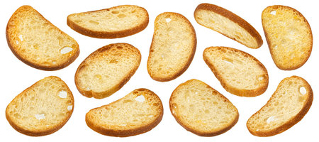 Bruschetta crackers, round bread croutons isolated on white background, full depth of fieldの写真素材