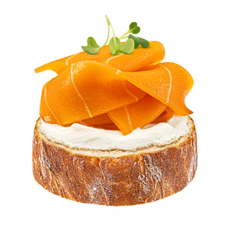 Vegan plant based salmon slices on bread isolated on white background with clipping path, package design elementの写真素材