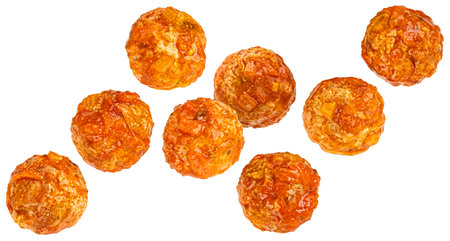 Falling meatballs isolated on white background with clipping path, package design elementの写真素材