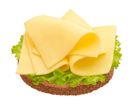 Gouda slices on rye bread isolated on white background with clipping path, top viewの写真素材