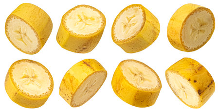 Banana slices isolated on white background with clipping path, full depth of fieldの写真素材