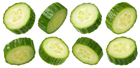Cucumber slices isolated on white background with clipping path, full depth of field, package design elementの写真素材