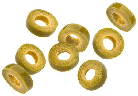 Green olive slices isolated on white background, full depth of fieldの写真素材